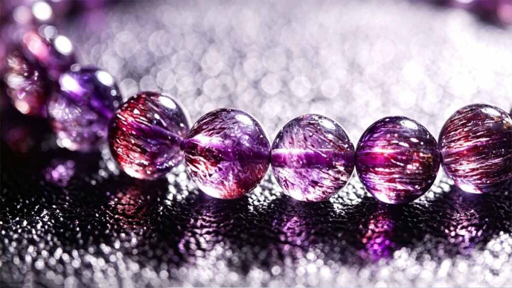 Premium natural Amethyst bracelet beads with natural red hairline inclusions, crystal material display for Amethyst identification & customization guide